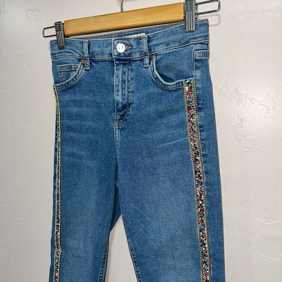 Topshop Jeans Womens 26 High Rise Skinny Jamie Beaded Side Stripe Stretch Denim - Picture 2 of 10